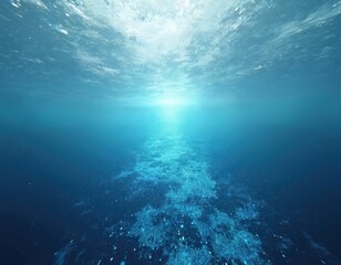 Fototapeta premium Tranquil underwater abstract data flow ocean landscape. Serene blue sea with light rays penetrating depths. Visualizes digital information, programming, and aquatic system harmony.