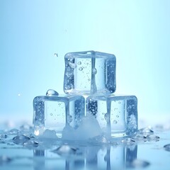 ice cubes melting on a cool background with water droplets forming around them