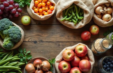 Overhead view of fresh, organic groceries including broccoli, green beans, tomatoes, apples, grapes, onions, blueberries, grains. Presented in burlap sacks, bowls on rustic wooden table, promoting