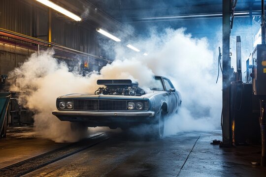 Powerful Classic Car Igniting Tires in Garage Surrounded by Smoke