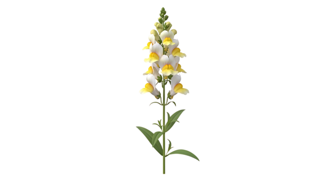 Elegant snapdragon flower with yellow and white petals on a plain background