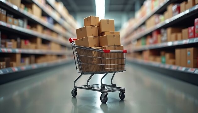 Shopping cart filled with cardboard boxes in warehouse aisle. Shelves stocked with merchandise create sense of retail abundance. Focus on e-commerce logistics, online shopping, inventory management.