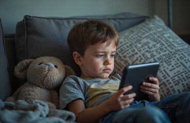 Young boy sits alone on sofa with teddy bear, engrossed in tablet game. Child bored, thoughtful expression suggests isolation. Domestic setting with soft toy companion contrasts with digital