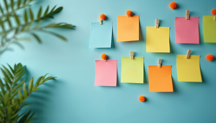 Colorful sticky notes attached to blue background with clothespins, fuzzy pom-poms. Minimalist illustration features blank note papers in bright colors, creating cheerful, positive, encouraging vibe