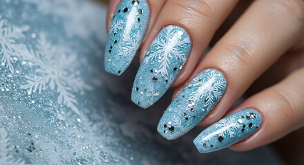 Elegant Winter Snowflake Nail Art Design Blue and Silver Glitter Manicure