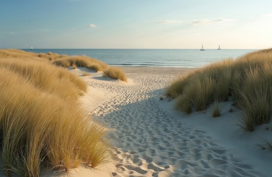 Sandy pathway through golden dunes leading to serene sea under clear blue sky. Sailboats glide on calm waters, suggesting peaceful coastal vacation. Scene captures natural beauty of Wadden Sea during