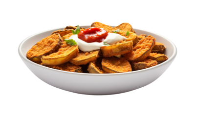 A white scalloped ceramic plate featuring crispy golden-brown breaded eggplant slice