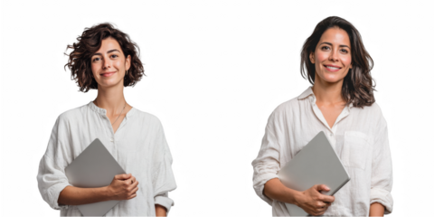 Two women in white shirts holding laptops against a plain white background smiling