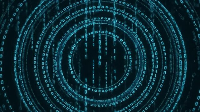 Expanding Digital Rings with Falling Binary Digits and Rhythmic Pulses in Reverse Camera Motion