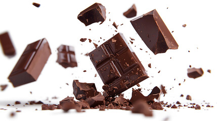 A chocolate bar is shattered into pieces, creating a messy and chaotic scene
