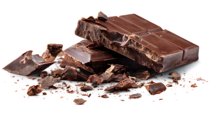 A chocolate bar is cut in half and has chocolate chips on the ground