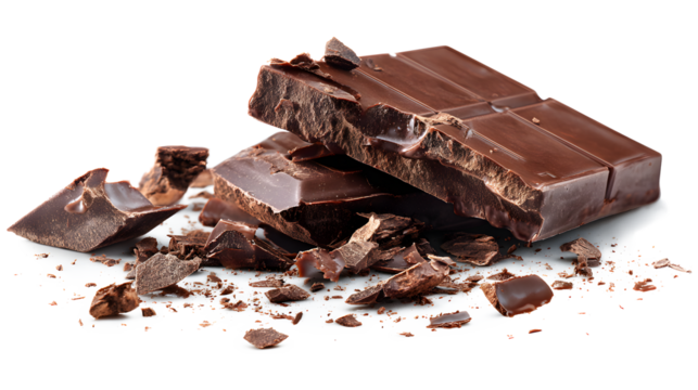 A chocolate bar is cut in half and has chocolate chips on the ground