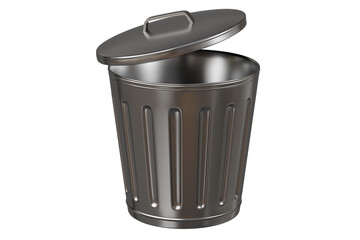 3D icon of a Metal bin with a White lid and a recycling symbol icon, isolated on white transparent background. Minimal Cartoon Metal Recycle bin icon. 3d render.
