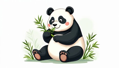 Obraz premium Chubby giant panda illustration sits peacefully, munching on fresh bamboo stalks. Cute cartoon panda with calm expression isolated on clean white background, surrounded by subtle green foliage,