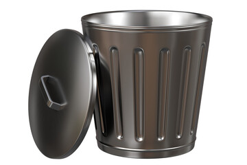 3D icon of a Metal bin with a White lid and a recycling symbol icon, isolated on white transparent background. Minimal Cartoon Metal Recycle bin icon. 3d render.