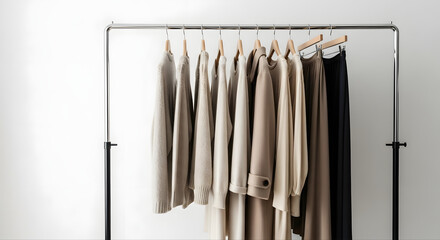 Minimalist rack displaying curated vintage clothing pieces like cardigans and skirts. Neutral tones, white wall, and soft shadows enhance the slow fashion message.