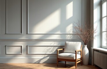 Fototapeta premium Minimalist interior features cozy armchair next to wooden table, bathed in soft sunlight casting gentle shadows on light gray wall with subtle paneling. Parquet flooring, decorative branches in vase