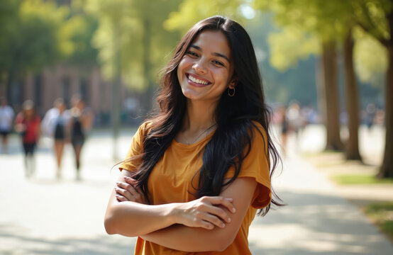Joyful young Mexican woman with long black hair smiles broadly, arms crossed outdoors on a sunny day. She radiates happiness and confidence. Background shows blurred park path with trees and people.