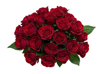 Obraz premium A lush bouquet of deep red roses with green leaves isolated on transparent background