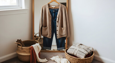 Curated thrifted outfit hanging on wooden hanger beside a mirror, with woven basket and folded sweater on the floor. Clean styling in warm indoor light with no visible reflection or people.