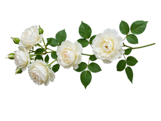 A delicate branch of white roses with buds and green leaves isolated on transparent background