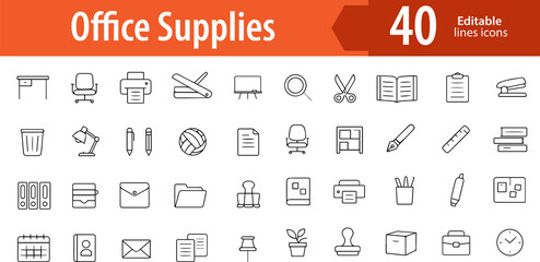Office Supplies Line Icons, Pen, Stapler, Paper Clip, Notebook, Scissors, Editable Formats: AI, EPS, PNG, JPG, Ideal for Both Digital and Print Use
