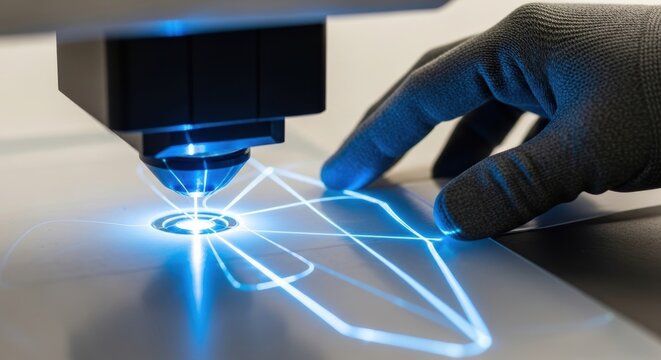 Laser engraving process close-up with gloved hand adjusting precision equipment