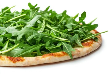 Arugula Leaves on a Pizza with a Thin,Crispy Crust Isolated on White Background, Depth of Field