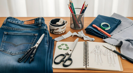 Creative workspace flatlay of old denim jeans with fabric scissors, sewing needle, thread, scrap fabric, and recycled paper sketchbook. Editorial-ready visual promoting slow fashion and conscious repa