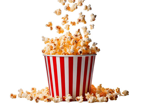 Popcorn flying out of red white striped paper box isolated on png background