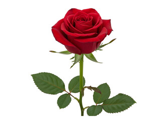 A single vibrant red rose with green leaves and stem isolated on transparent background