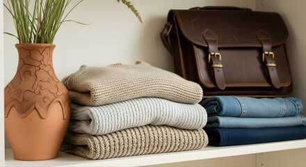 Open wooden shelf featuring neatly folded thrifted knitwear, stacked denim, and a vintage leather bag. Decorated with a terracotta vase and dried grass. Cozy and intentional closet visual.