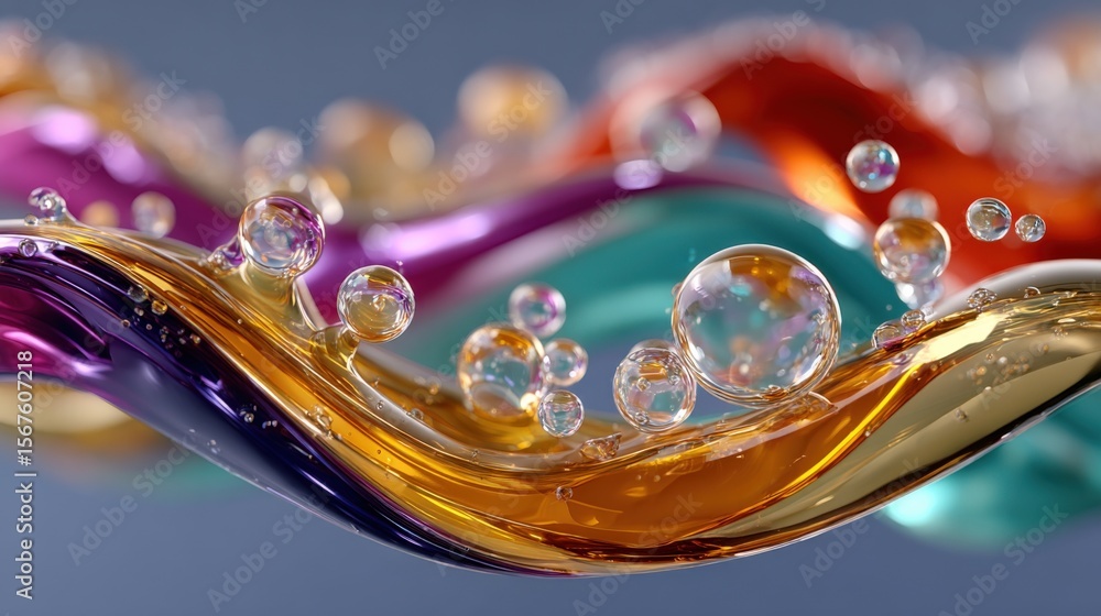 Leinwandbilder Vibrant colorful fluid streaks with bubbles and reflections creating an abstract dynamic composition in bright multimedia art style