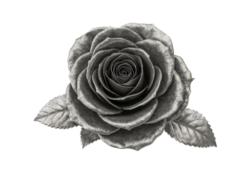 Detailed metallic silver rose with leaves isolated on transparent background - Powered by Adobe