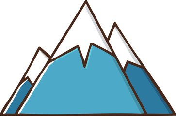 Cartoon illustration of snow-capped mountains with blue slopes and brown outlines on a white background.