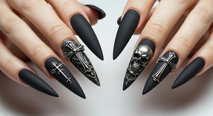 Gothic Matte Black Nail Art with Silver Cross and Skull Accents