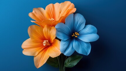 Fototapeta premium three orange and blue flowers on a blue background