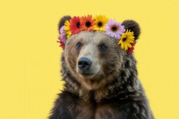 Brown bear with a colorful flower crown looking curiously at the camera on a bright yellow background. isolated, white background