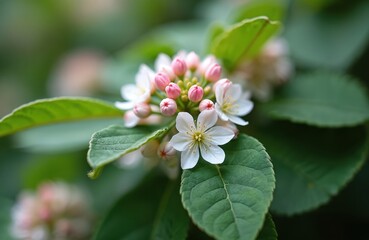 Close-up of white flower with small buds on bush, surrounded by green leaf. Darker green shade provides contrast to white petals. Lush foliage, blurry background, natural setting.