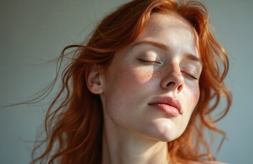 Naklejka premium Close-up portrait of young woman with auburn hair, freckles. Eyes closed, conveying sense of peace, relaxation, introspection. Soft sunlight illuminates face, creating tranquil atmosphere for