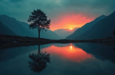 Solitary tree silhouette reflected in calm lake waters at sunset. Mountains form layers against colorful sky. Serene nature landscape evokes peacefulness and solitude.
