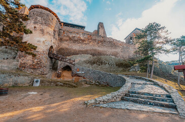 Watchtower of Boldogkő or Boldogko fortress with Boldogkővárallja village near tokaj region in...