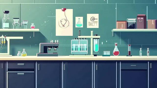 Modern laboratory interior with various glassware, equipment, and scientific posters on the wall
