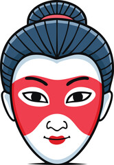 A stylized illustration of a woman's face, adorned with a traditional Japanese-inspired mask.