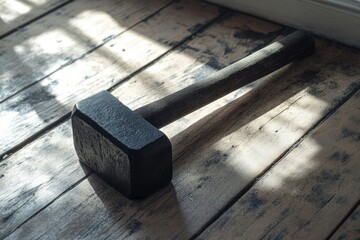 High Detail Picture of a Black Hammer is on the Floor Next to a Hammer