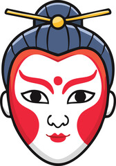 A stylized illustration of a traditional Japanese Kabuki theater mask, featuring painted facial details.