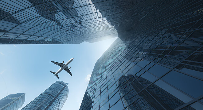 Airplane flying over modern buildings