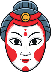 A stylized illustration of a Japanese Geisha mask with red and white face paint and a blue headdress.