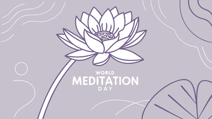 Serene Lavender World Meditation Day Illustration: Minimalist Line Art Lotus Flower Design, Peaceful and Calming Mood, Perfect for Wellness Branding or Spiritual Content.
