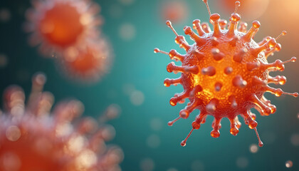 Microscopic view of colorful virus particles, possibly lipid nanoparticles, in science research. Detailed colorful cellular structures magnified for biology study and medical innovation.